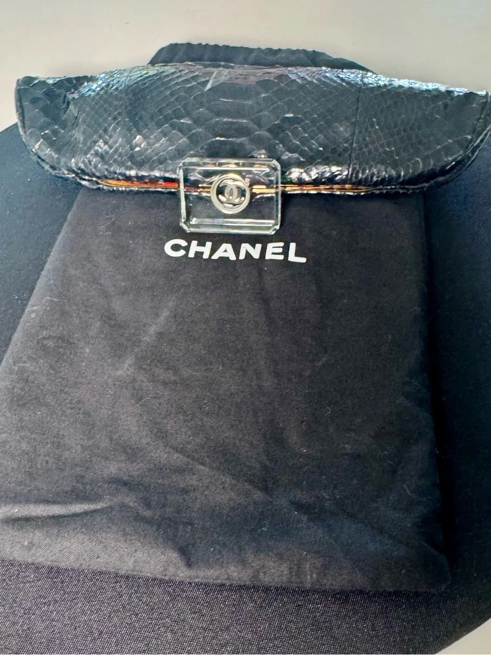 CHANEL Black Python Clutch with Lucite Turn Lock